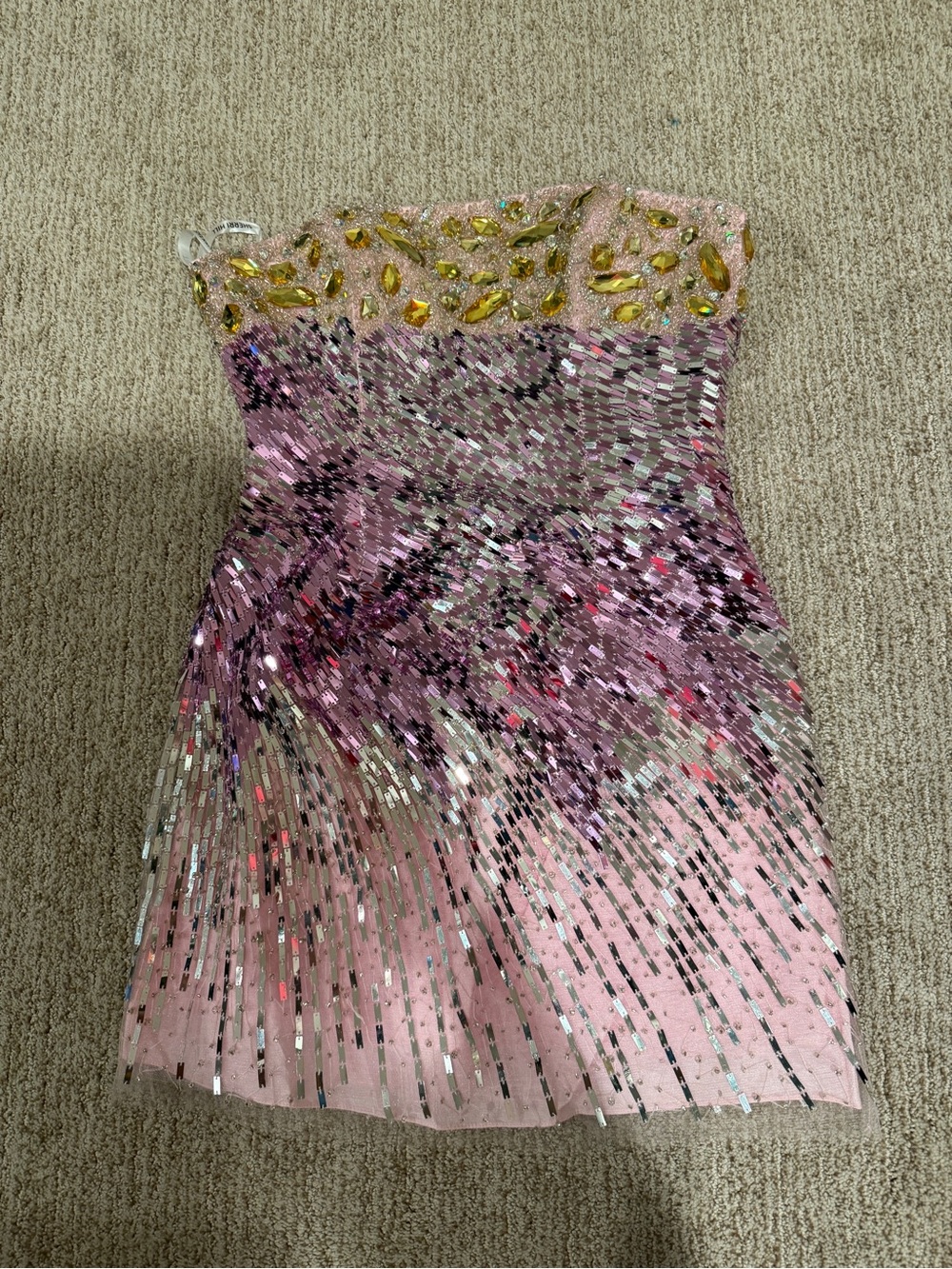 Sherri Hill Pink Sequin Strapless Dress with Gold Embellishments